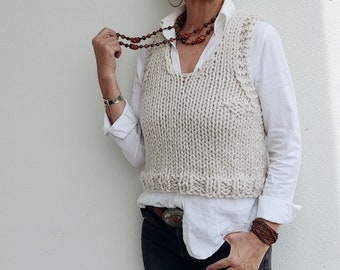 Gebreid damesvest, mouwloze crop top, wollen vest, crèmekleurige wollen trui, handgebreide trui, kort vest