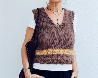 Dames wollen vest, handgebreid vest, mouwloze wollen trui, V-hals vest, kort wollen vest, breitrends