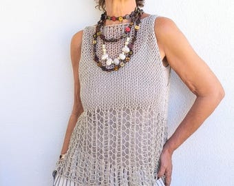 Pull femme en lin ajouré, t-shirt en maille ajourée, haut sans manches de plage, gilet d&#39;été en lin, pull en coton tricoté main,