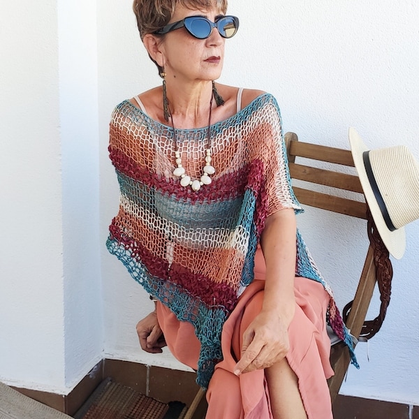 Summer boho poncho, cotton and line poncho,vegan poncho for women, hippie chic knit poncho, multicolored bohemian poncho, women knit poncho,