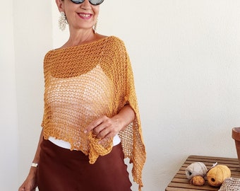 Women summer poncho, mustard summer, boho chic style, summer dress cover, mustard  poncho cotton, loose sweater poncho, beach cotton wrap