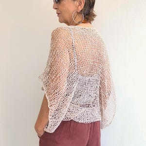 Sheer knit shrug, neutral dress cover, light summer shrugs and boleros, linen clothes, bohemian chic style, summer knit trends, over 50