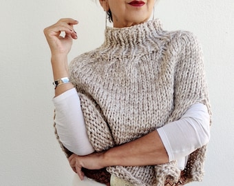 Women's poncho, minimalist wool poncho, cozy neutral poncho, women's neutral clothing, hand knit poncho, poncho sweater, wool women coat