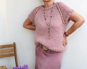 Suéter manga corta mujer, jersey lana sin mangas, chaleco de primavera tejido a mano, jersey top down de lana, top minimalista rosa