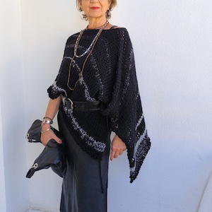 Minimalist knitted poncho, black and gray poncho sweater, women wool poncho, minimalist black wrap, wool black poncho, minimalist cover up