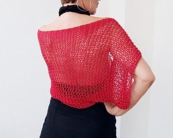 Sheer red bolero, short sleeves shrug, red knit bolero, womens cover up, short kimono sleeves, red knit bolero shrug, summer red cover up