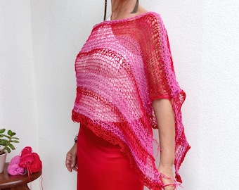 Boho summer poncho for women, hippie chic knit wrap, beach cover up, hand knitted resort wear, red and fuchsia linen clothing