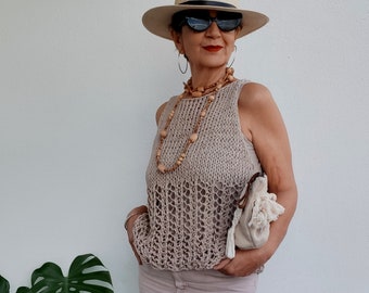 Neutral sweater vest for women, beige knit vest top, vegan knit sweater, knit tank top for women, knit summer trends, cropped knit tank top