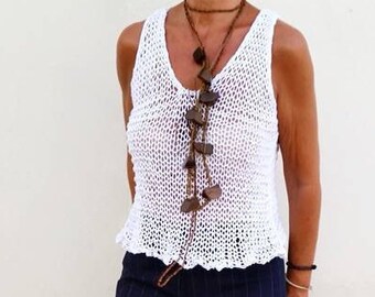 Loose cotton white top, knit crop top, white summer tank, white loose knit top, sleeveless white top, layer sweater, white sweater