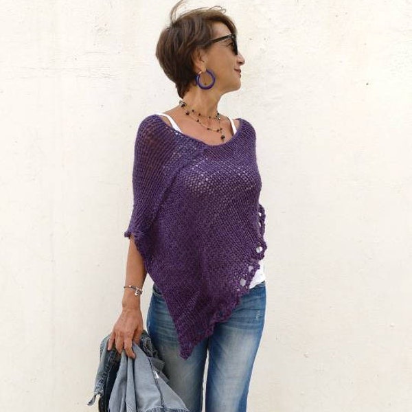 Purple knit poncho, poncho sweater, wool poncho, loose knitting, knitwear trend, sweater knit wrap, women knitwear,