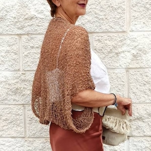 Bolero bohemio marrón, bolero para boda, torera crema fiesta, complementos de punto, chal crema fiesta, bolero de punto,  mangas kimono