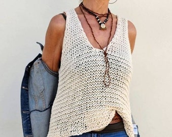 Haut tricoté femme, pull en coton, haut tricoté à bretelles, pull bohème chic femme, pull col V crème, pull été