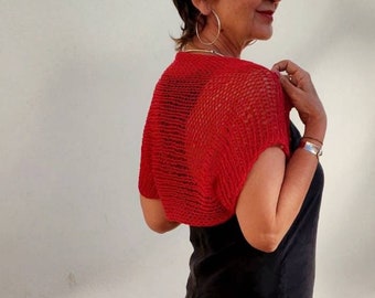 Bolero rosso lavorato a maglia, bolero rosso da donna, bolero da sposa rosso, bolero di cotone da donna, lavorato a mano, bolero trasparente intrecciato, bolero rosso