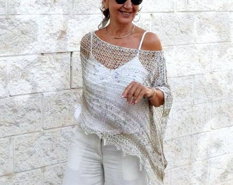 Poncho de verano para mujer, poncho de lino para playa, poncho natural tejido a mano, poncho algodón lino y bambú, chal de verano de punto