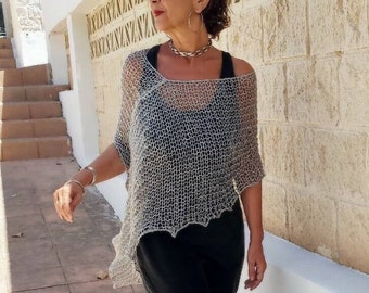 Poncho ligero de verano, chal gris de lino, ponchos de verano, chal para vestido invitada, poncho de lino, estilo minimalista verano