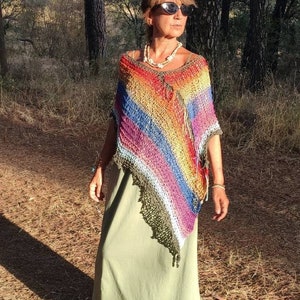 Multicolored boho poncho, vegan cotton poncho, hippie chic knit poncho, beach cover up, women knit poncho.