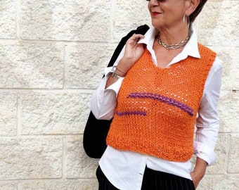 Oranje wollen vest, mouwloze trui, handgebreid damesvest, gebreide vesten, cadeau voor haar, dameskleding in kantoorstijl