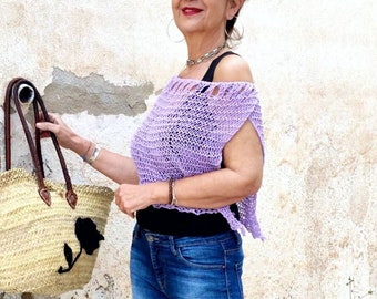 Scialle lilla lavorato a maglia, poncho estivo, poncho lilla, abbigliamento da festa da donna, top estivo, mantello estivo viola, scialle lavorato a maglia da donna