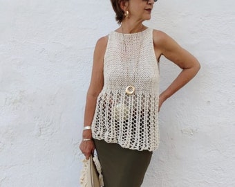Haut en tricot crème pour femme, haut en coton sans manches, pull d&#39;été, pull vegan blanc, pull en maille crème, pull tricoté d&#39;été