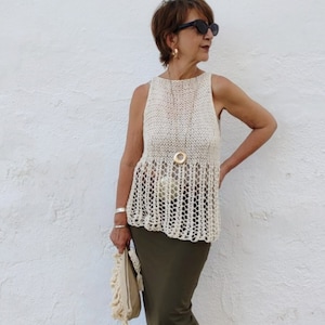 Haut en tricot crème pour femme, haut en coton sans manches, pull d&#39;été, pull vegan blanc, pull en maille crème, pull tricoté d&#39;été