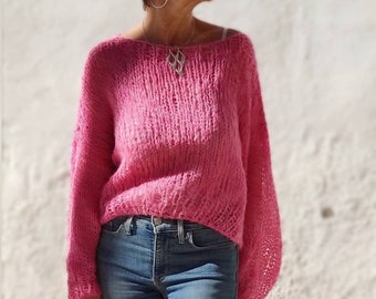 Hot pink sweater, lightweight fuchsia alpaca sweater for women, spring sweater, cropped hand knit sweater, women's sweaters,sexy sweater