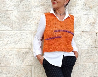 Women sweater vest, v neck women vest, knitted vest for women, sleeveless sweater, orange wool vest, hand knitted sweater,