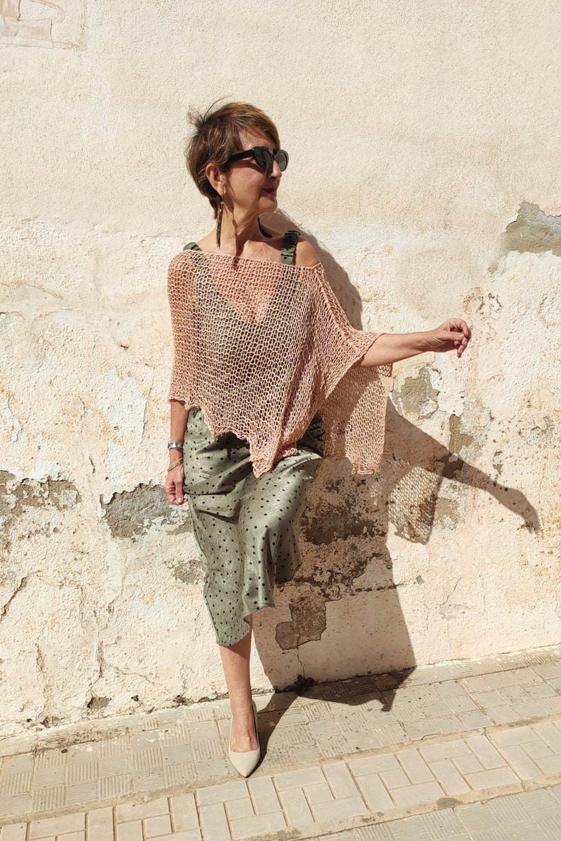 Summer loose linen wrap, cocktail dress cover, boho chic knit poncho, dressy wraps for women, boho wedding clothes, lightweight linen poncho Salmon/ Salmón