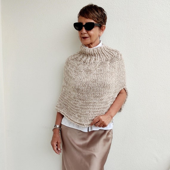 Poncho de lana tejido a mano, poncho beige de mujer, cuello alto lana dos agujas, neutro de punto, poncho grueso lana,