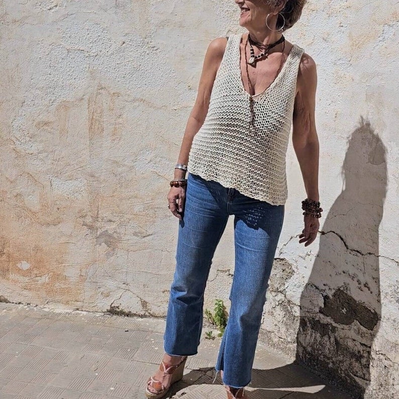 Top de punto mujer, jersey de algodón, top de punto tirantes, jersey boho chic mujer, jersey crema de pico, jersey de verano imagen 7