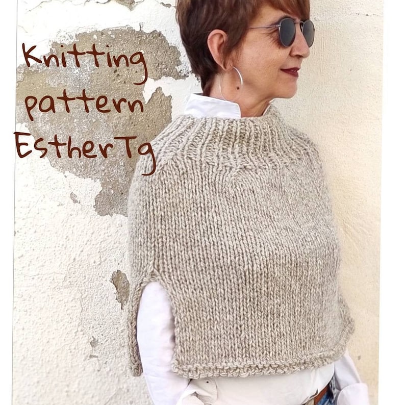 May include: Knitting pattern for a beige knitted poncho with a high neck and a short, cropped length. The pattern is titled "EstherTg".