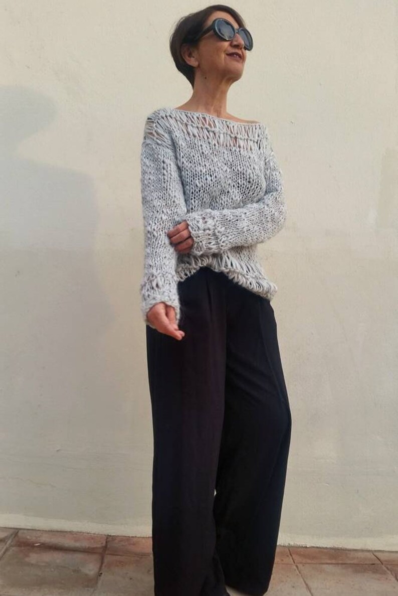 Loose grey knit sweater grey off shoulder sweater, women wool sweater,minimalist knit pullover women knit pullover