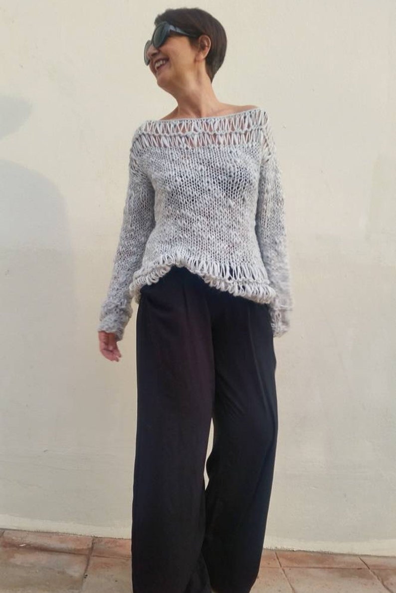 Loose grey knit sweater grey off shoulder sweater, women wool sweater,minimalist knit pullover women knit pullover