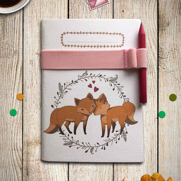 DOTS Woodland Foxes Notebook A6 with pink strap and pencil, Travelers Diary, recycled paper Dots