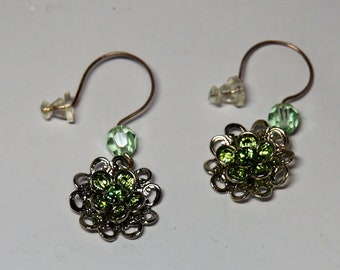 Swarovski Peridot Crystal and SP Flower Drop Earrings