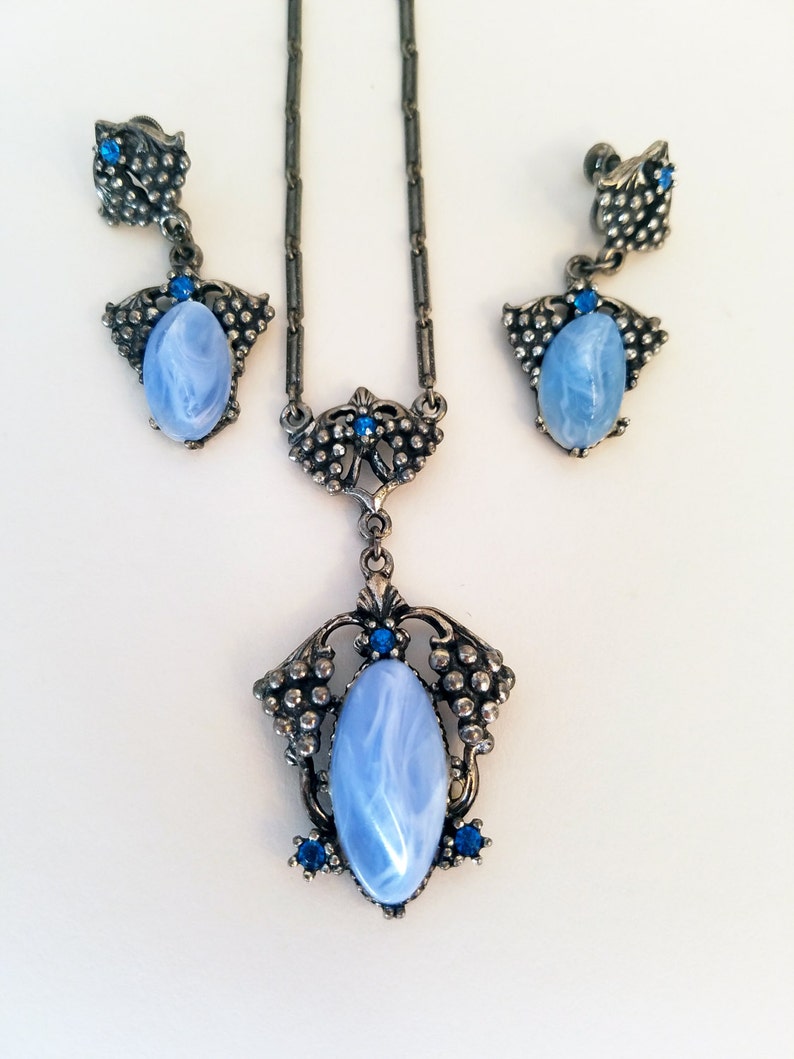 50s Jewelry Silver and Blue Agate Necklace and Earring Set Vintage Jewelry Set 50s Necklace 50s Cocktail Party Blue Stone Necklace Set