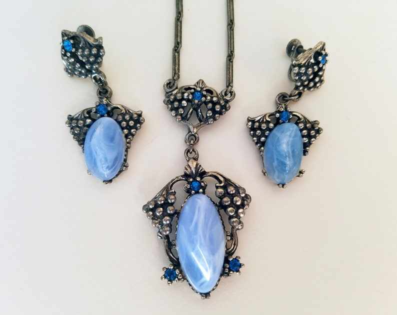 50s Jewelry Silver and Blue Agate Necklace and Earring Set Vintage Jewelry Set 50s Necklace 50s Cocktail Party Blue Stone Necklace Set