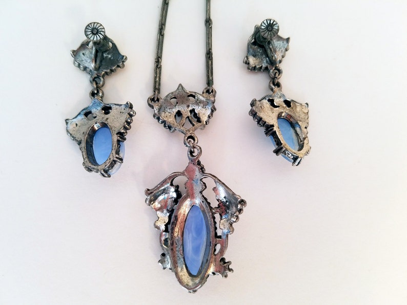 50s Jewelry Silver and Blue Agate Necklace and Earring Set Vintage Jewelry Set 50s Necklace 50s Cocktail Party Blue Stone Necklace Set