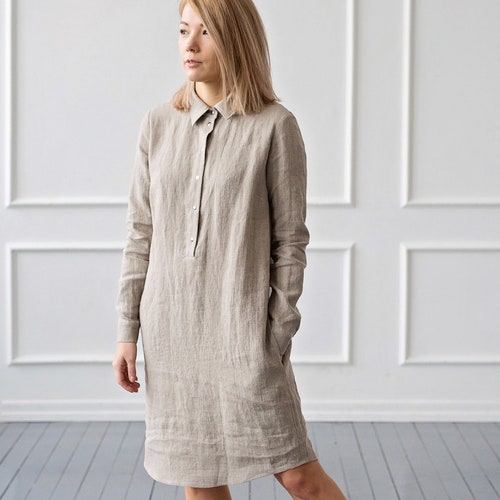 Linen Shirtdress With Long Sleeves and Pockets Collared Dress | Etsy