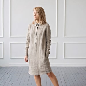 Linen Shirtdress With Long Sleeves and Pockets Collared Dress - Etsy