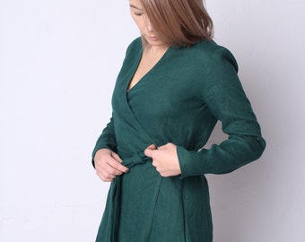 Linen wrap dress with Long sleeve, wraparound dress, wrap up pocket dress, linen wrap dress for women