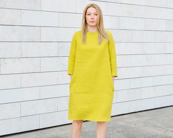 Yellow linen dress for women oversized with pockets, Lithuanian natural linen clothing, linen dress, linen clothing for women, plus size