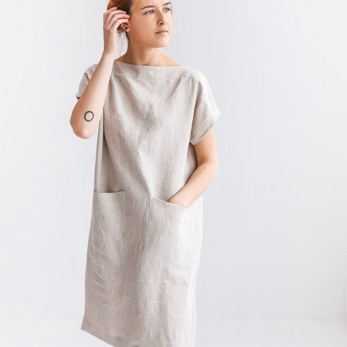 Shift White Linen Dress in MIDI Length / Natural Linen Loose - Etsy