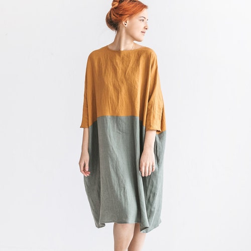 Linen Extra Wide Oversize Dress in Two Colour Blocks / Japan - Etsy