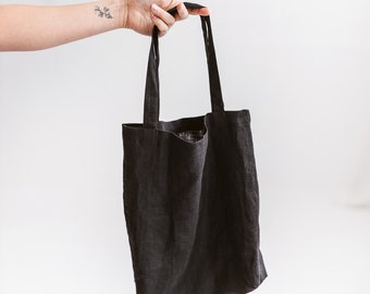 Washable Zero Waste Black Shopping Bag / Minimalist Eco Reusable Grocery Bag Linen tote bag