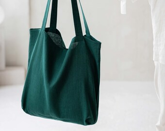 Large Washable zero waste bag, Green Linen tote bag, shopping bag, linen shoulder bag, minimalist eco reusable grocery bag, beach bag
