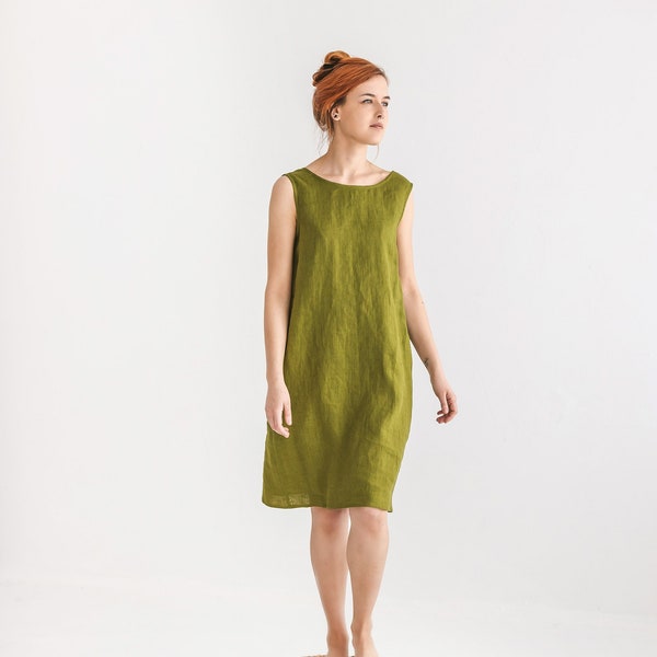 Loose Gathered Linen Dress Moss Green