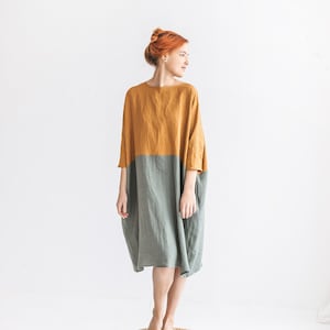 Linen Extra Wide Oversize Dress in Two Colour Blocks / Japan style, side seam pocket, soften linen clothing, fair trade dress