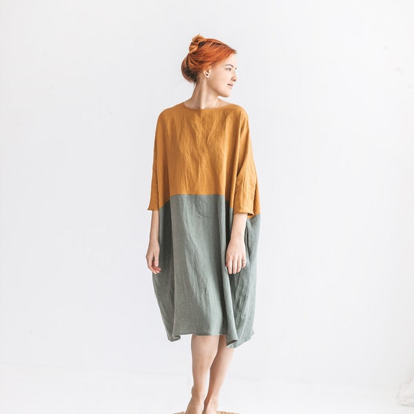 Linen Extra Wide Oversize Dress in Two Colour Blocks / Japan style, side seam pocket, soften linen clothing, fair trade dress