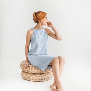 Loose fit linen dress with american neckline / sleeveless linen dress with open shoulders