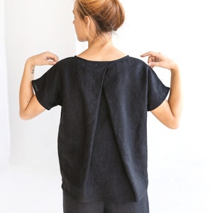 Wide Black Linen Blouse for Women / Loose Linen Top With Pleat in the ...